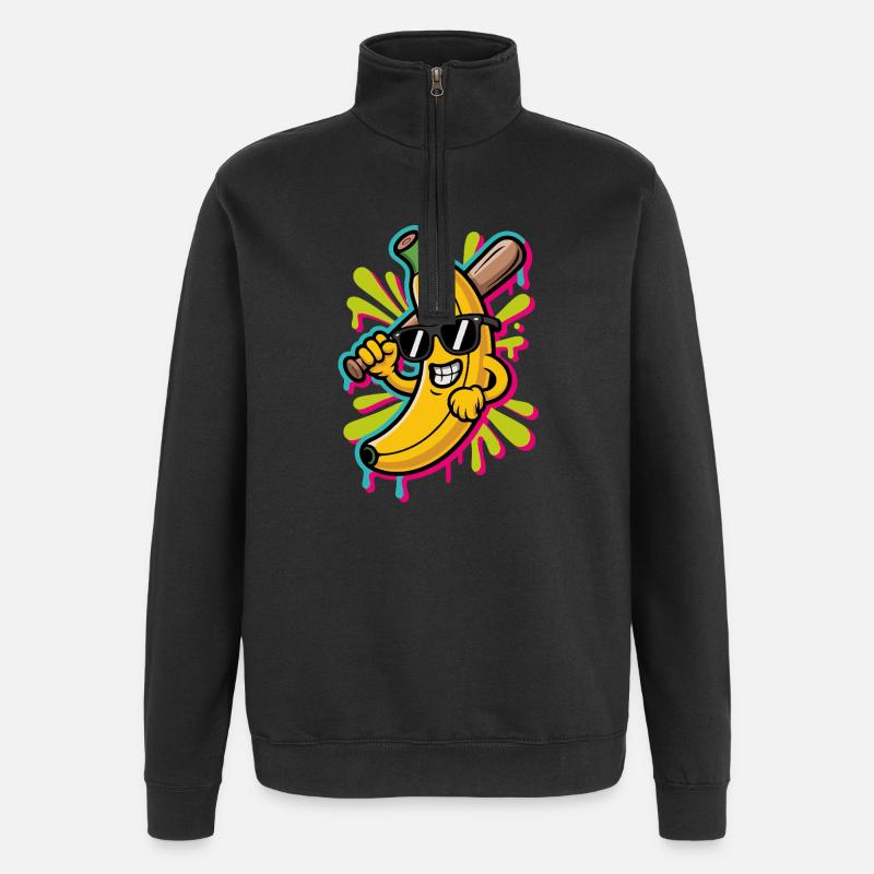 banane jouant au baseball dessin animé - Sweat à zip 1/4 - noir
