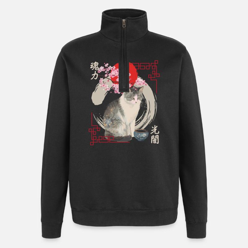 Chat japonais en fleurs de cerisier - Sweat à zip 1/4 - noir