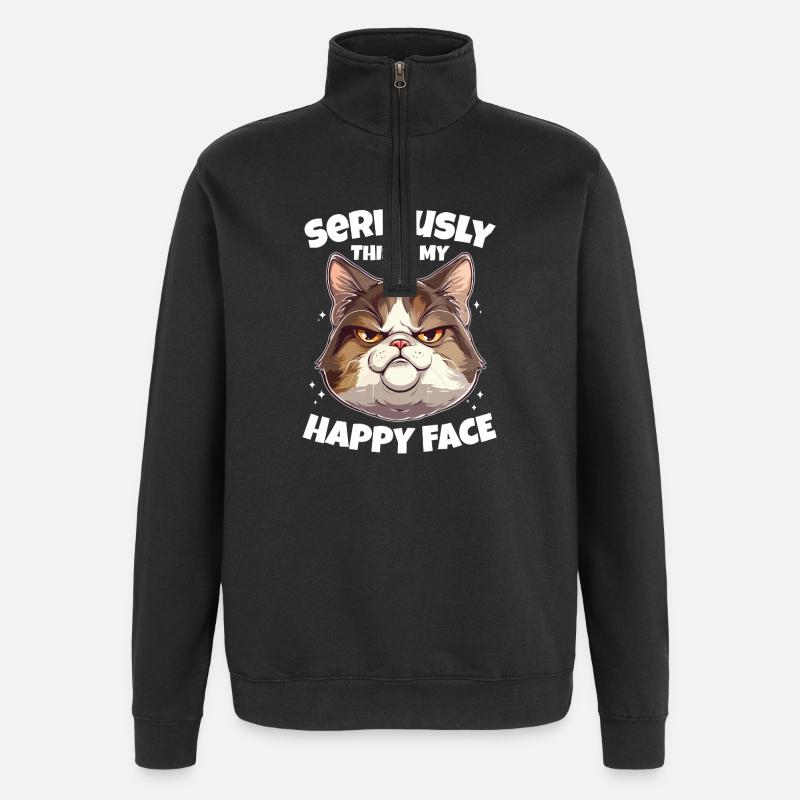 Drôle de chat visage heureux - Sweat à zip 1/4 - noir