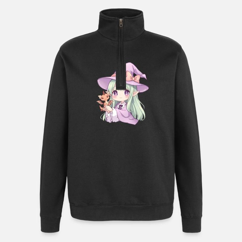 Kawaii Anime Hexe mit Drachen - Quarter-Zip-Sweatshirt - Schwarz