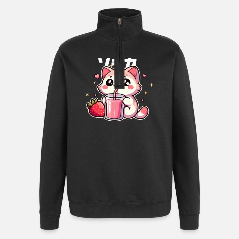 Kawaii kitten drinking strawberry smoothie - Quarter-Zip Sweatshirt - black