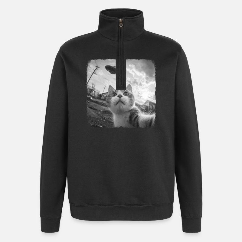 Katze und UFO - Quarter-Zip-Sweatshirt - Schwarz