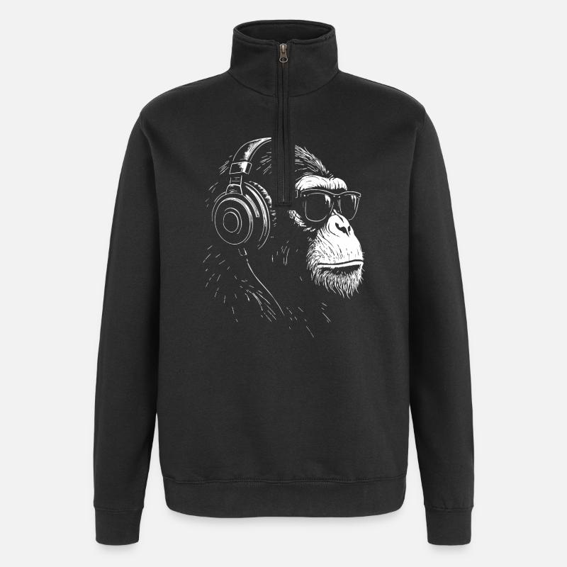 Kopfhörer Monkey mit Sonnenbrille - Quarter-Zip-Sweatshirt - Schwarz