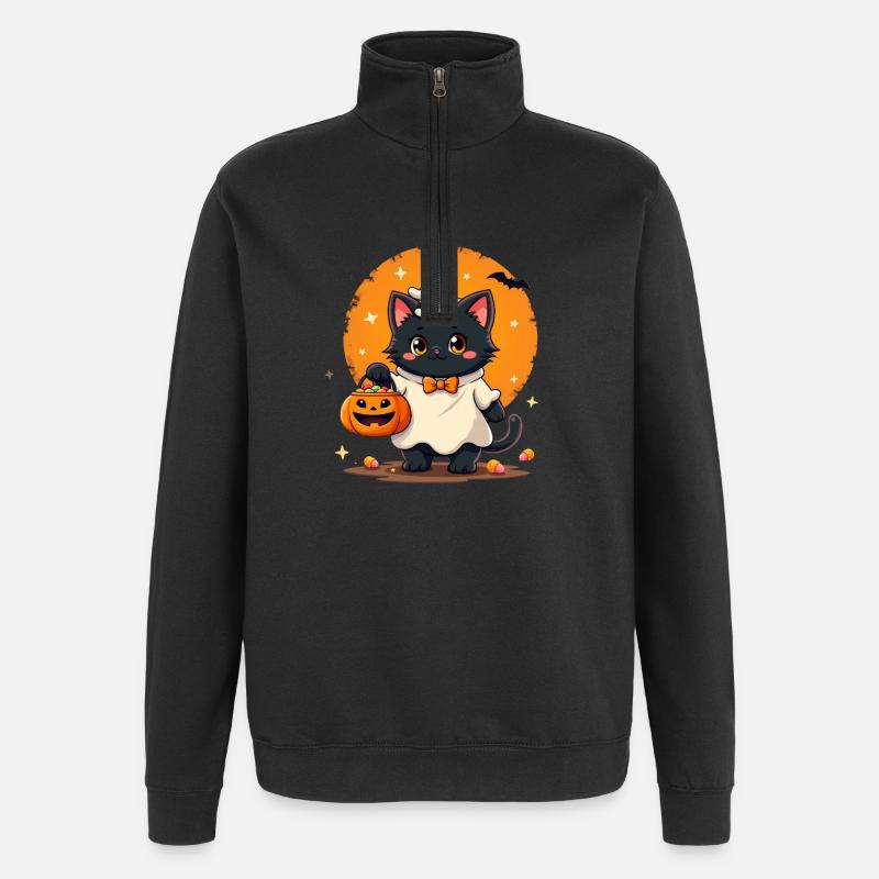Chat d’Halloween avec citrouille d’Halloween - Sweat à zip 1/4 - noir