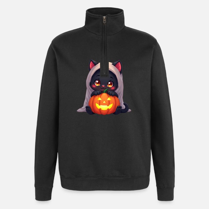 Chat d’Halloween avec citrouille d’Halloween - Sweat à zip 1/4 - noir