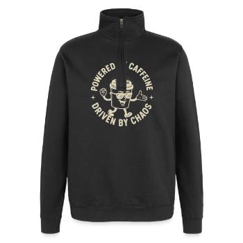 Powered by Caffeine, Driven by Chaos Kaffee Spruch - Quarter-Zip-Sweatshirt - Schwarz - Vorne - AI Model Female 172 light (172cm) & AI Model Male 178 dark (178cm)