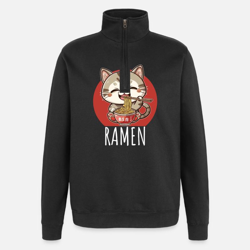 Retro Kawaii Cat Eats Ramen - Quarter-Zip Sweatshirt - black