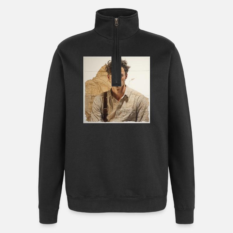 Beiges Porträt mit Lederbändern - Quarter-Zip-Sweatshirt - Schwarz