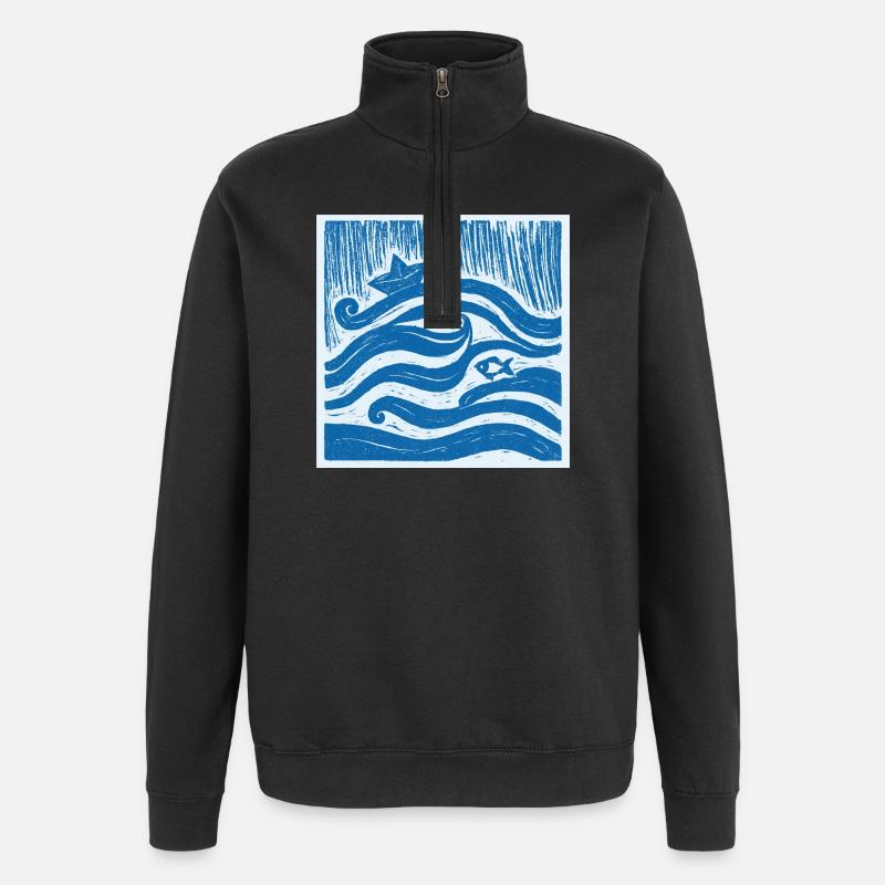 Ship on Wave - Linocut - Quarter-Zip Sweatshirt - black