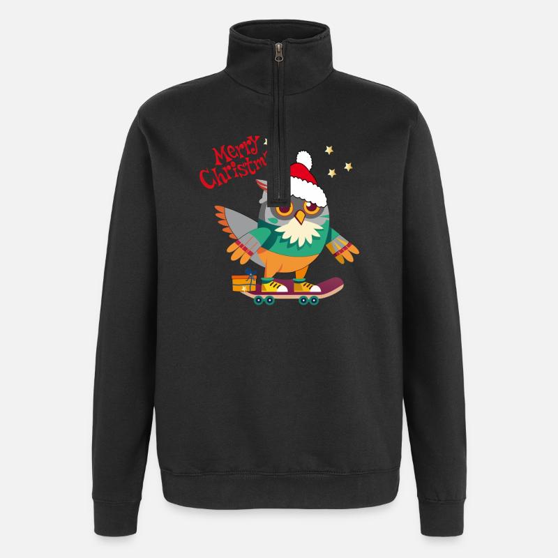 Weihnachtseule auf Skateboard - Quarter-Zip-Sweatshirt - Schwarz