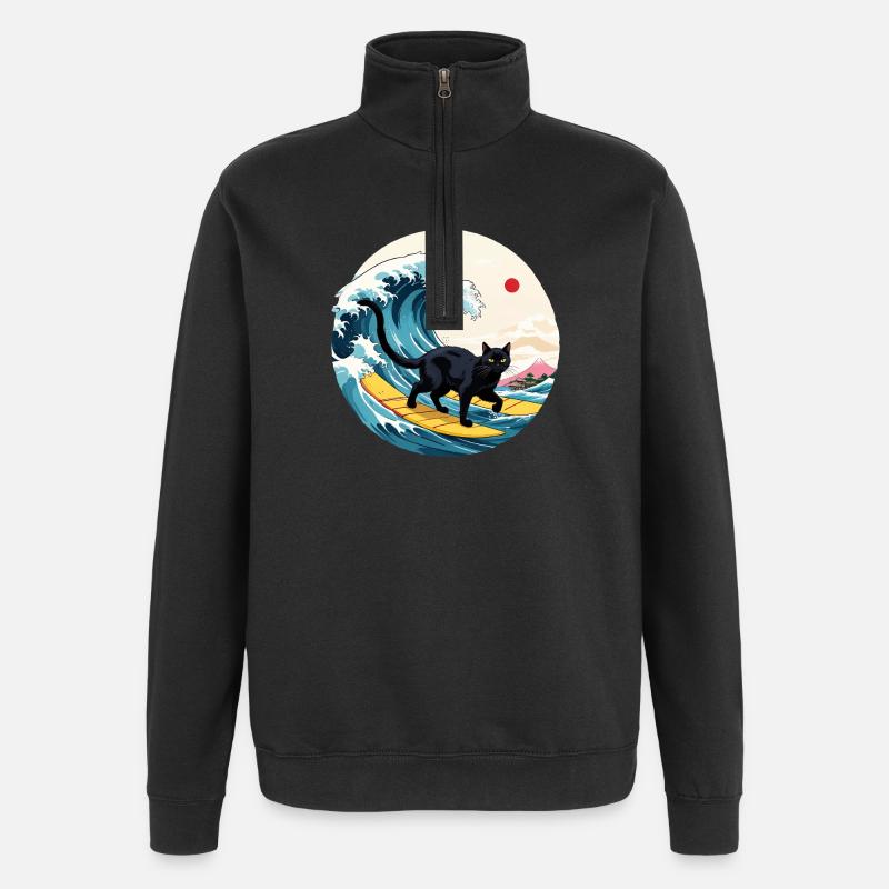 Black Cat Surfing Wave - Sweat à zip 1/4 - noir