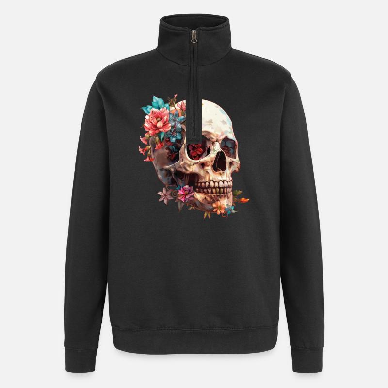 Totenkopf, Schädel mit Blumen - Quarter-Zip-Sweatshirt - Schwarz