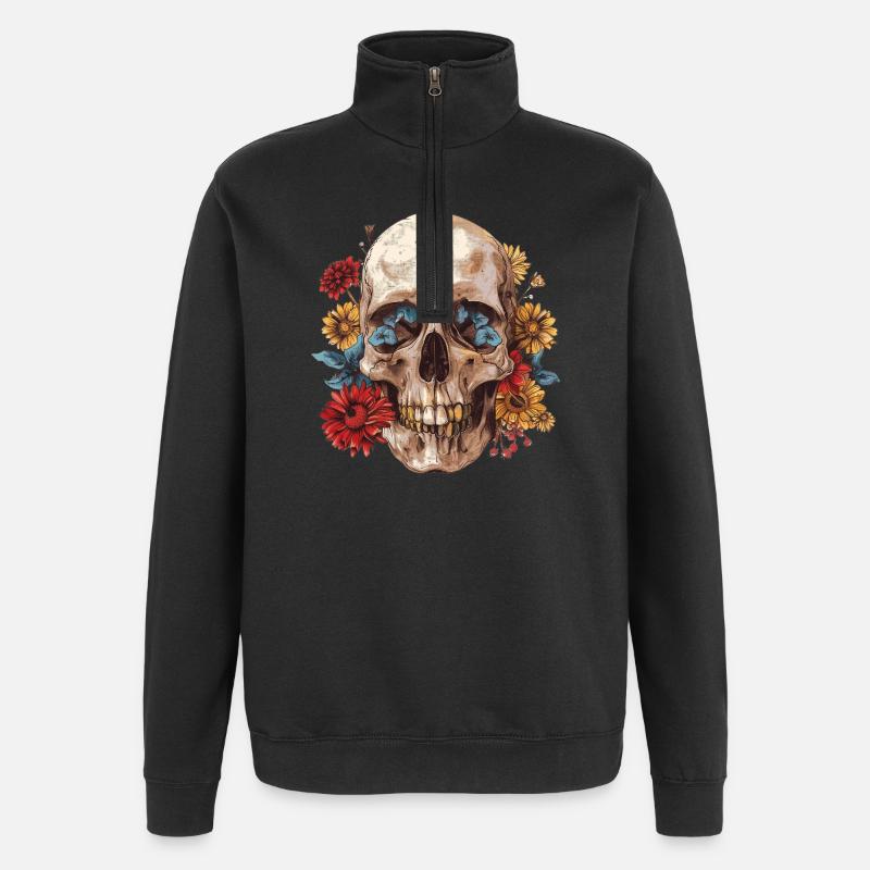 Crâne, crâne avec des fleurs - Sweat à zip 1/4 - noir