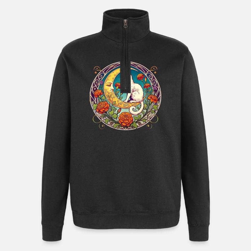 Mondscheinkatze in floralem Bogen - Quarter-Zip-Sweatshirt - Schwarz