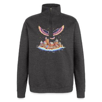 Pastell-Eulenflug über Wolkenstadt - Quarter-Zip-Sweatshirt - Anthrazit - Vorne - AI Model Female 172 light (172cm) & AI Model Male 178 dark (178cm)
