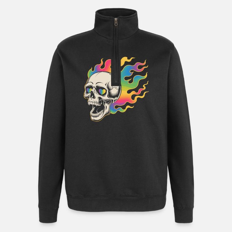 Psychedelischer Totenkopf im Feuerdesign - Quarter-Zip-Sweatshirt - Schwarz