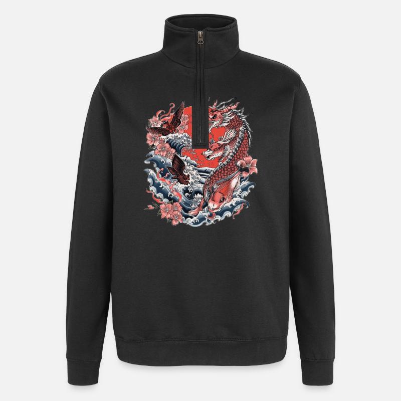 Koi, Waves and Cherry Blossom - Quarter-Zip Sweatshirt - black