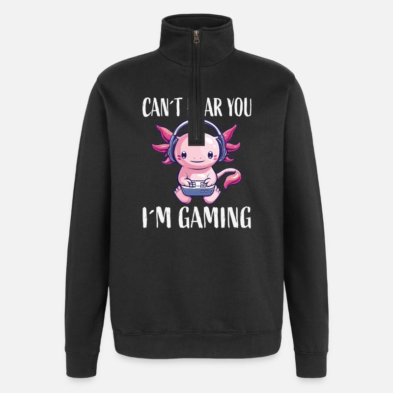 Gaming Axolotl mit Kopfhörer - Quarter-Zip-Sweatshirt - Schwarz