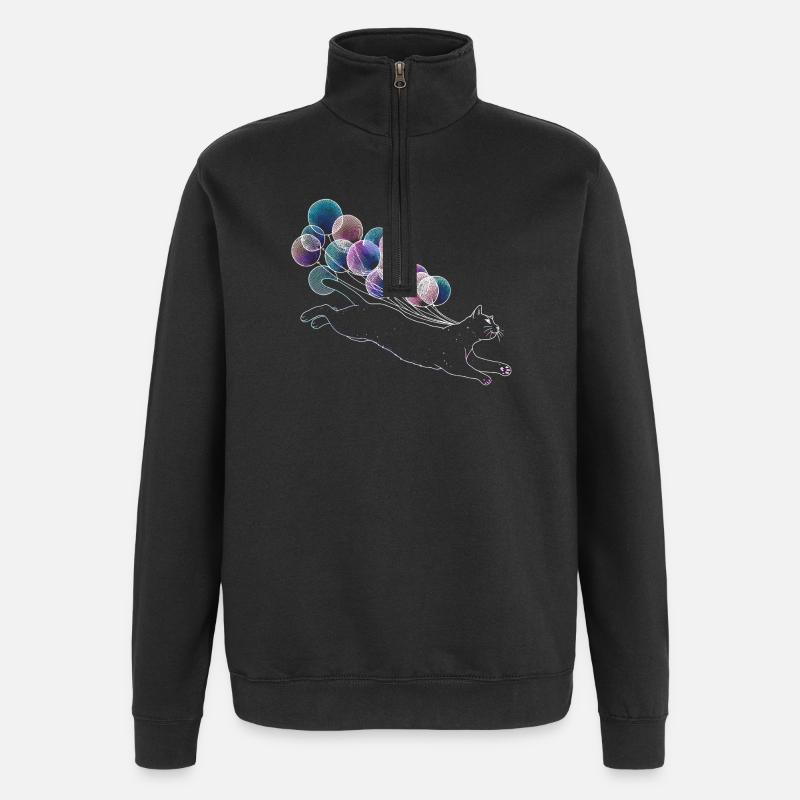 Schwebende Katze mit bunten Ballons Illustration - Quarter-Zip-Sweatshirt - Schwarz