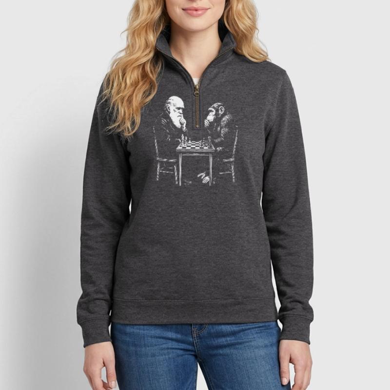Darwin plays chess with monkey - Evolution game Quarter-Zip Sweatshirt