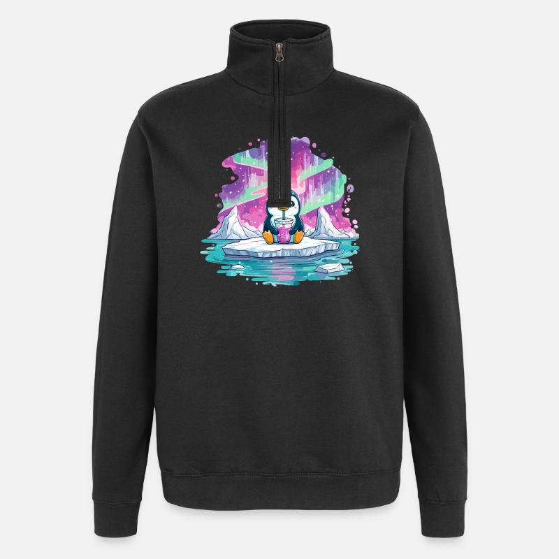 Pinguin auf Eis mit pinkem Drink - Quarter-Zip Sweatshirt - black
