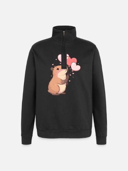 Capybara med hjerteballoner – Sød Valentins-motiv - Sweatshirt med 1/4 lynlås - sort