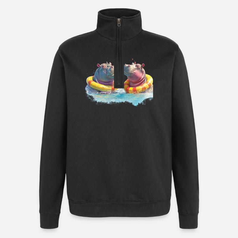 Double Hippo Bathing Fun - Quarter-Zip Sweatshirt - black