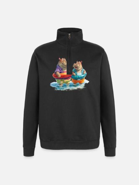 Hippos am Strand mit Schwimmreifen - Quarter-Zip-Sweatshirt - Schwarz