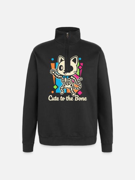 Cat Skeleton Motif Purr - Quarter-Zip Sweatshirt - black