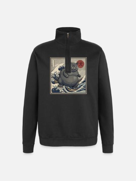Japanese Kaiju Cat 犬 Big Wave Hokusai - Quarter-Zip Sweatshirt - black