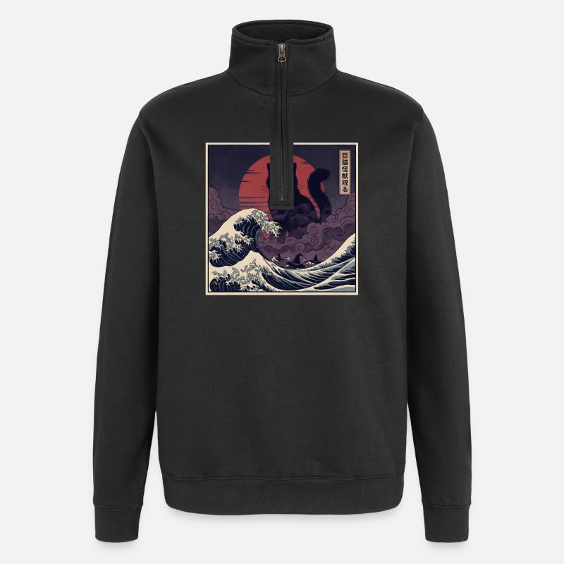 Giant Kaiju Cat Over Waves 巨猫怪獣現る - Quarter-Zip Sweatshirt - black