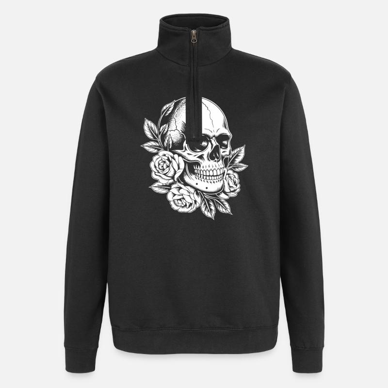 Crânes et roses - Sweat à zip 1/4 - noir