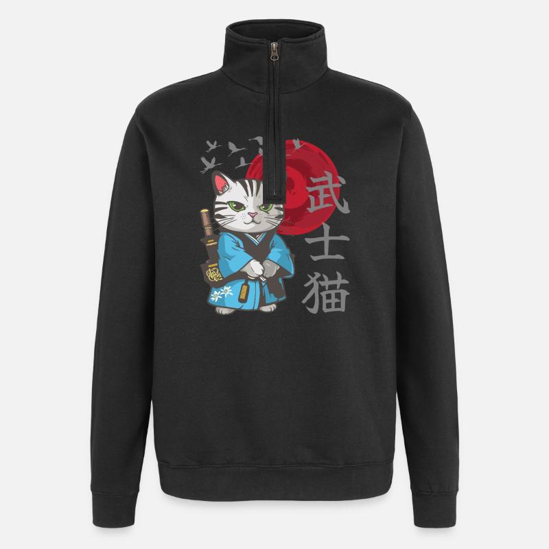 Cat Anime Japanese Samurai Kitten - Quarter-Zip Sweatshirt - black