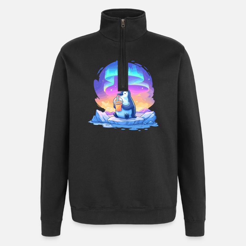 Aurora-Pinguin mit Getränk - Quarter-Zip-Sweatshirt - Schwarz
