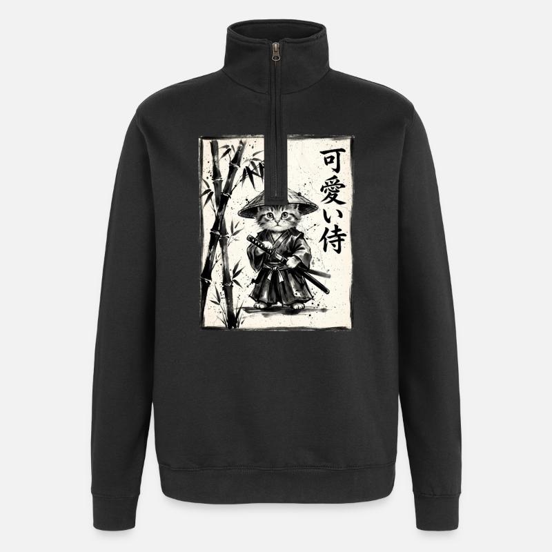 Samurai Cat Sumi-e Ink Drawing - Quarter-Zip Sweatshirt - black