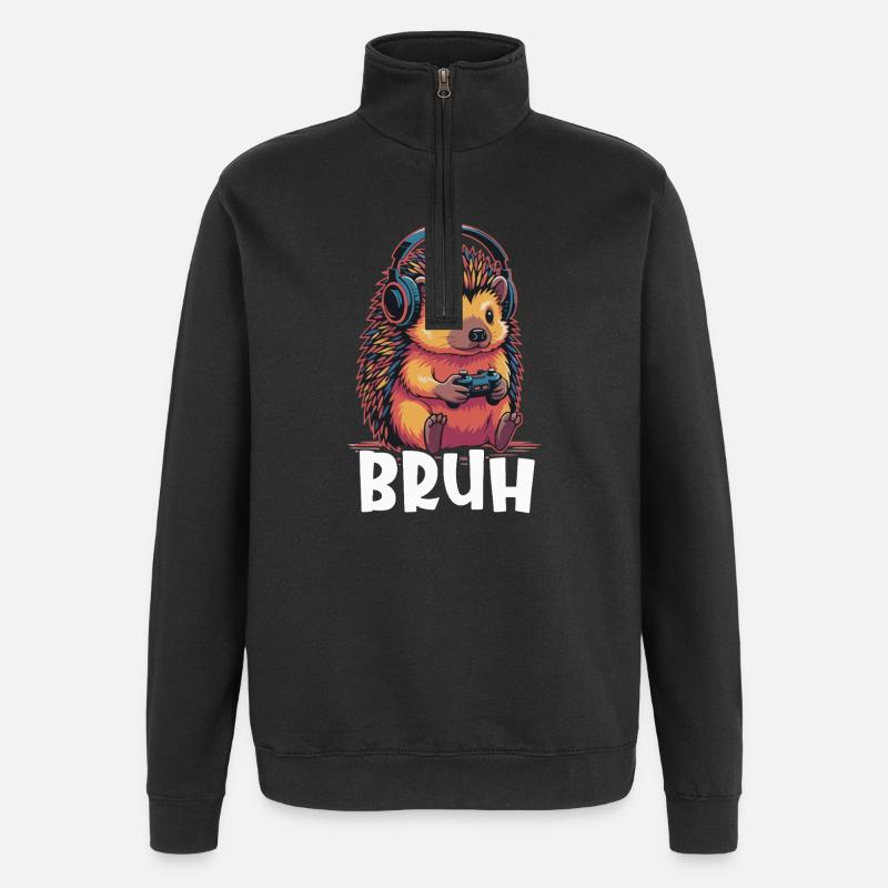 Gamer Igel mit Kopfhörern - Quarter-Zip-Sweatshirt - Schwarz