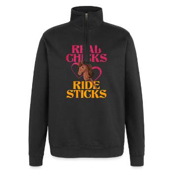 Real Chicks Ride Sticks Hobby Horsing - Quarter-Zip-Sweatshirt - Schwarz - Vorne - AI Model Female 172 light (172cm) & AI Model Male 178 dark (178cm)