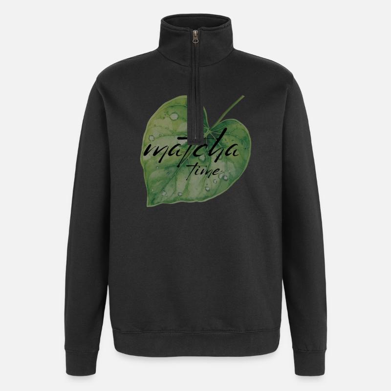 Matcha, feuille, vert, temps - Sweat à zip 1/4 - noir