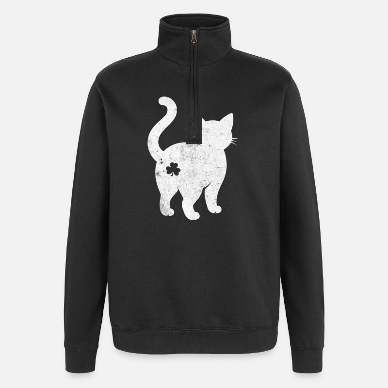 Katzen Silhouette mit Kleeblatt - Quarter-Zip-Sweatshirt - Schwarz