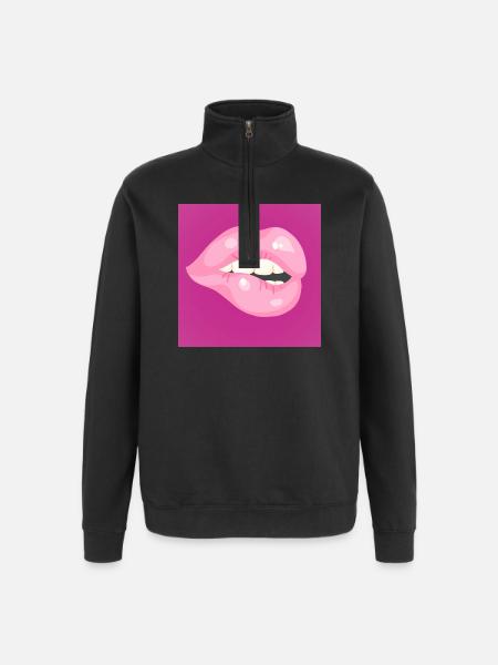 Glossy Pink Lip Bite on Magenta - Quarter-Zip Sweatshirt - black
