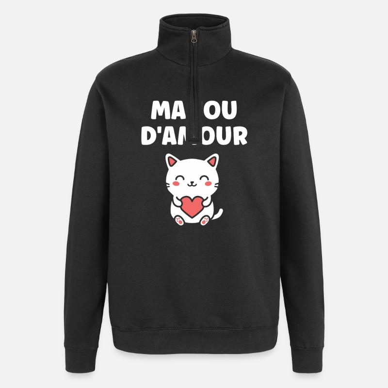 Manou d'Amour: Chat Coeur - Sweat à zip 1/4 - noir
