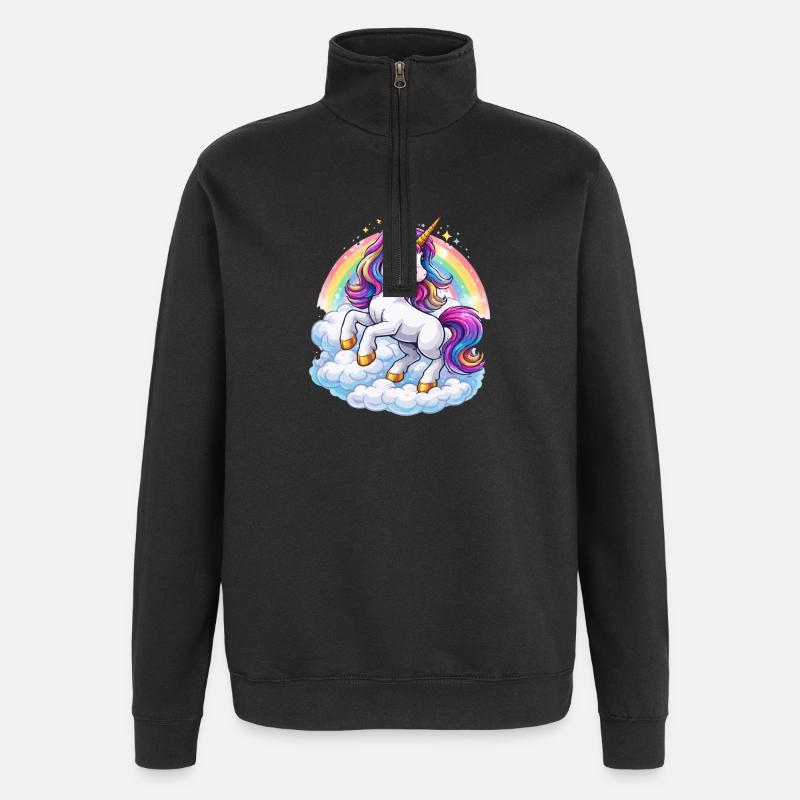 Regenbogen-Einhorn über Wolken - Quarter-Zip-Sweatshirt - Schwarz
