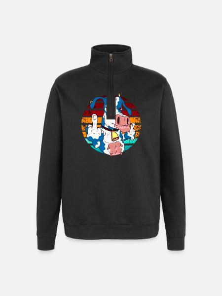 Cow with middle finger in rainbow - Quarter-Zip Sweatshirt - black