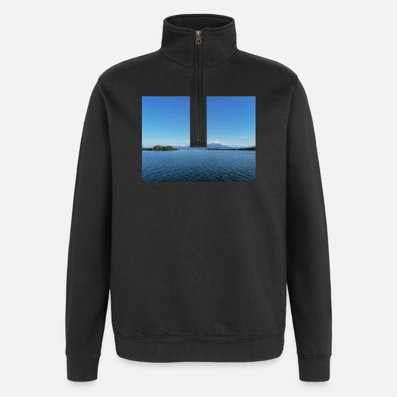 Blauer Bergsee und Bergpanorama - Quarter-Zip-Sweatshirt - Schwarz
