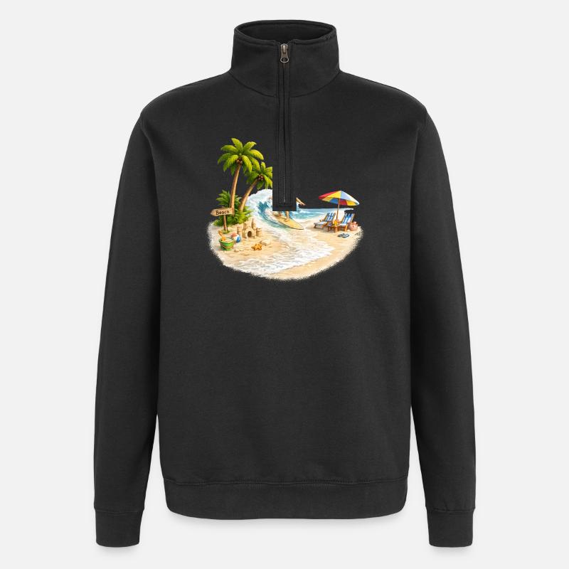 Surfista sulla spiaggia con palme e onde - Felpa con zip 1/4 - nero