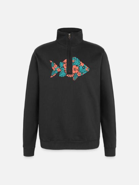 Tropical Flower Fish Silhouette - Quarter-Zip Sweatshirt - black