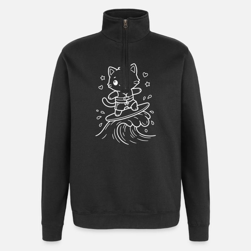 Kawaii Katze Surfen - Quarter-Zip-Sweatshirt - Schwarz