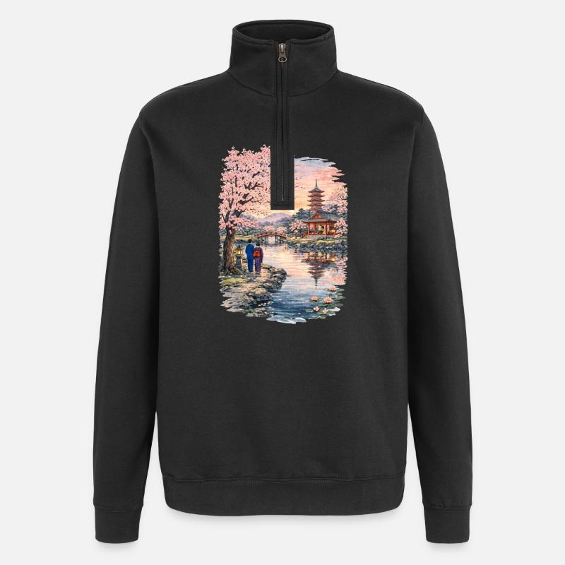 Fleurs traditionnelles de cerisier japonais - Sweat à zip 1/4 - noir