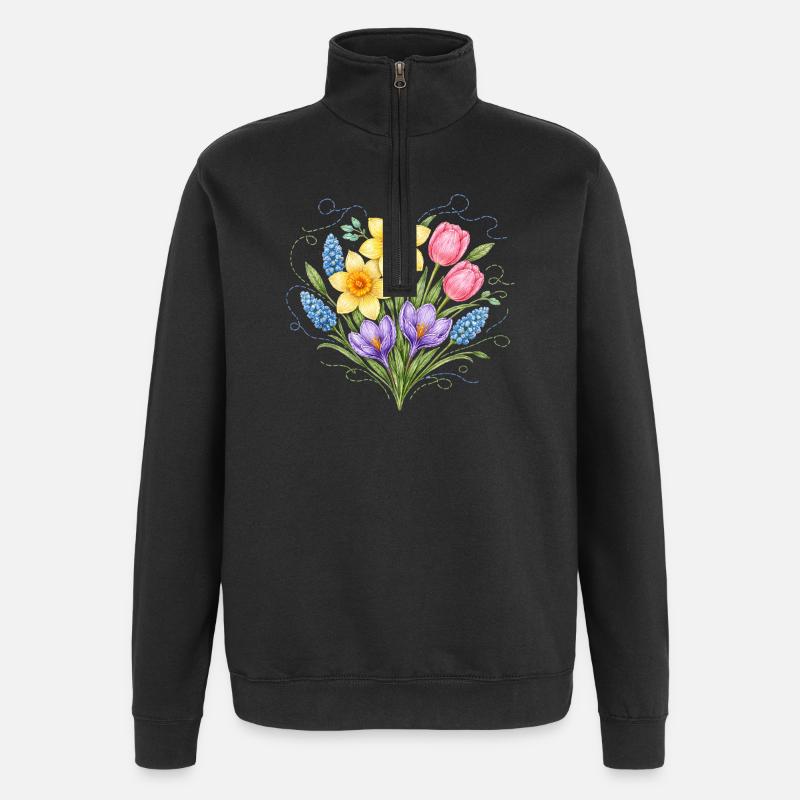 Fleurs de printemps dans un style broderie - Sweat à zip 1/4 - noir