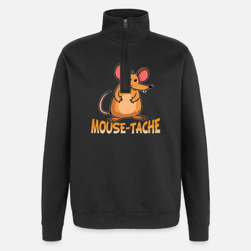 Mouse-Tache Funny Mouse Pun Cartoon Graphic - Quarter-Zip Sweatshirt - black